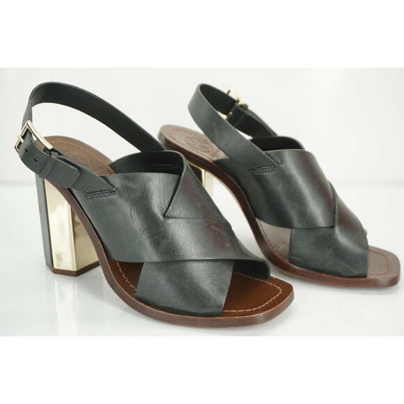 Tory Burch Black Leather Bleeker Wide Strappy Sandals Size 6.5 Hex Heel NIB - Picture 8 of 9